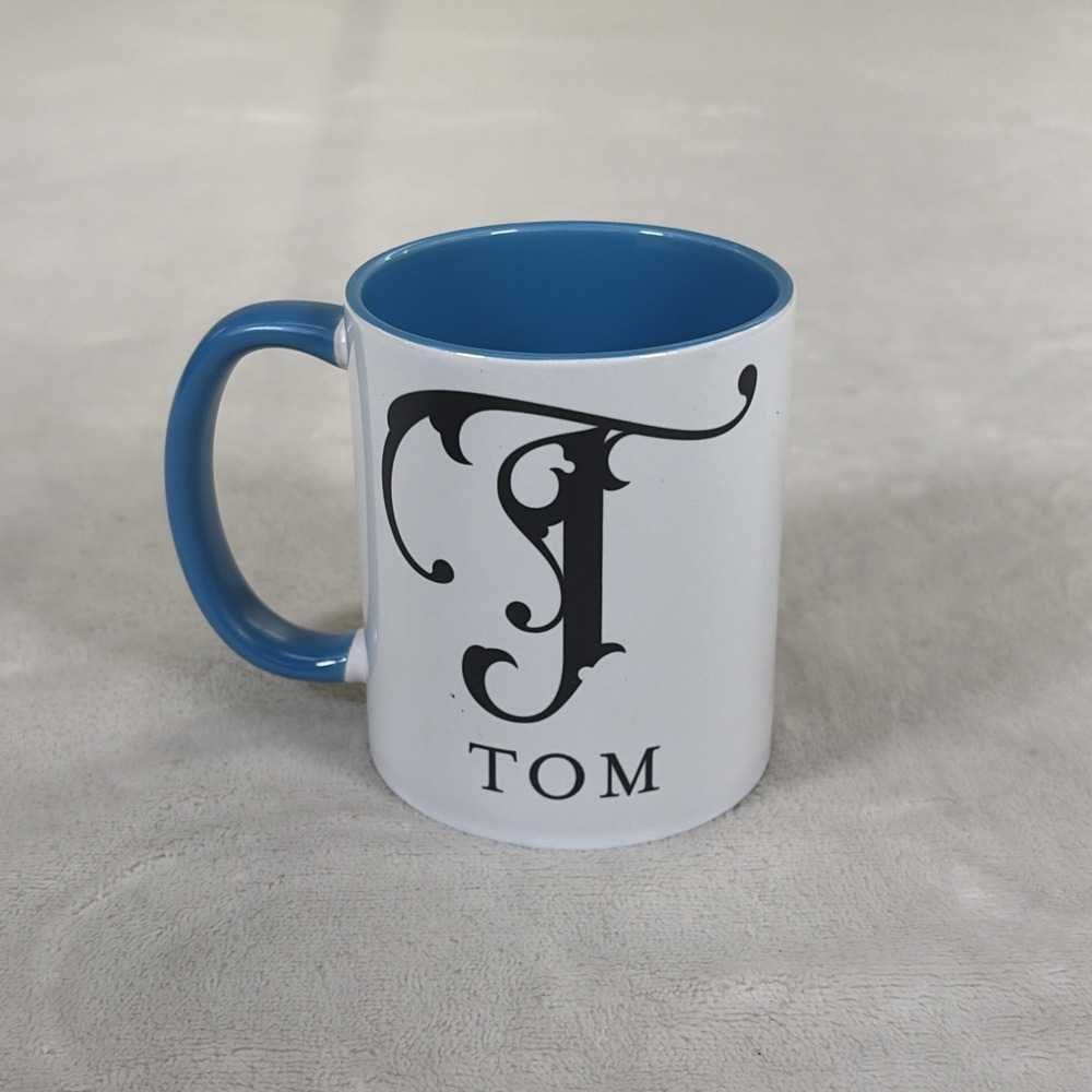 Personalized "T" Tom Gift Coffee Mug Ceramic Cup 11oz Blue Interior Blk Letters